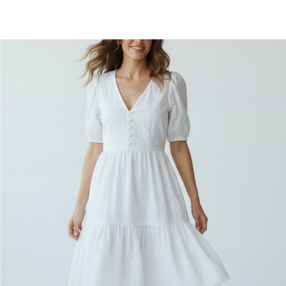 LOFT White Eyelet Puffed Sleeve Button Tiered Lined Swing Dress